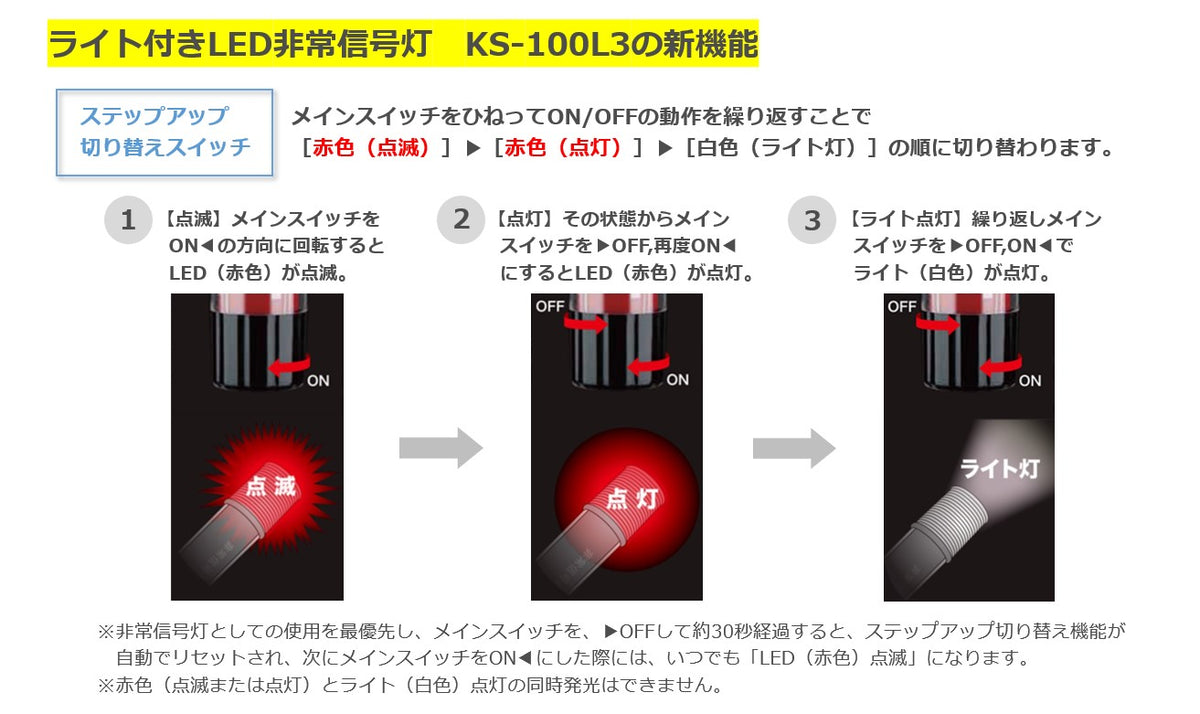 安全用品・保安灯】 LED電子発煙筒 真っ白い イージス(赤/青/黄） ３面発光